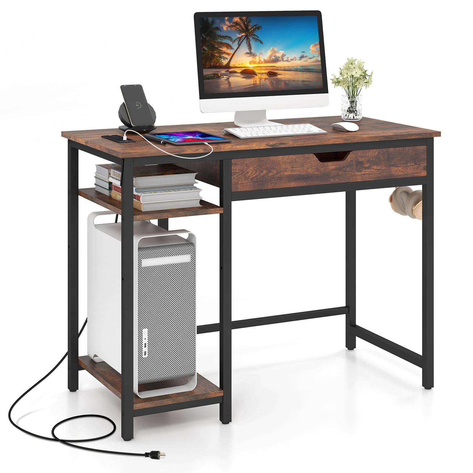 Tangkula Bureau informatique avec station de charge, 101 cm, bureau industriel pour la maison avec tiroir et étagère réglable